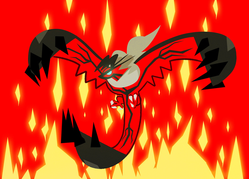 creature fire flying full_body gen_6_pokemon julesdrawz legendary_pokemon no_humans pokemon pokemon_(creature) red_background simple_background solo third-party_source yveltal