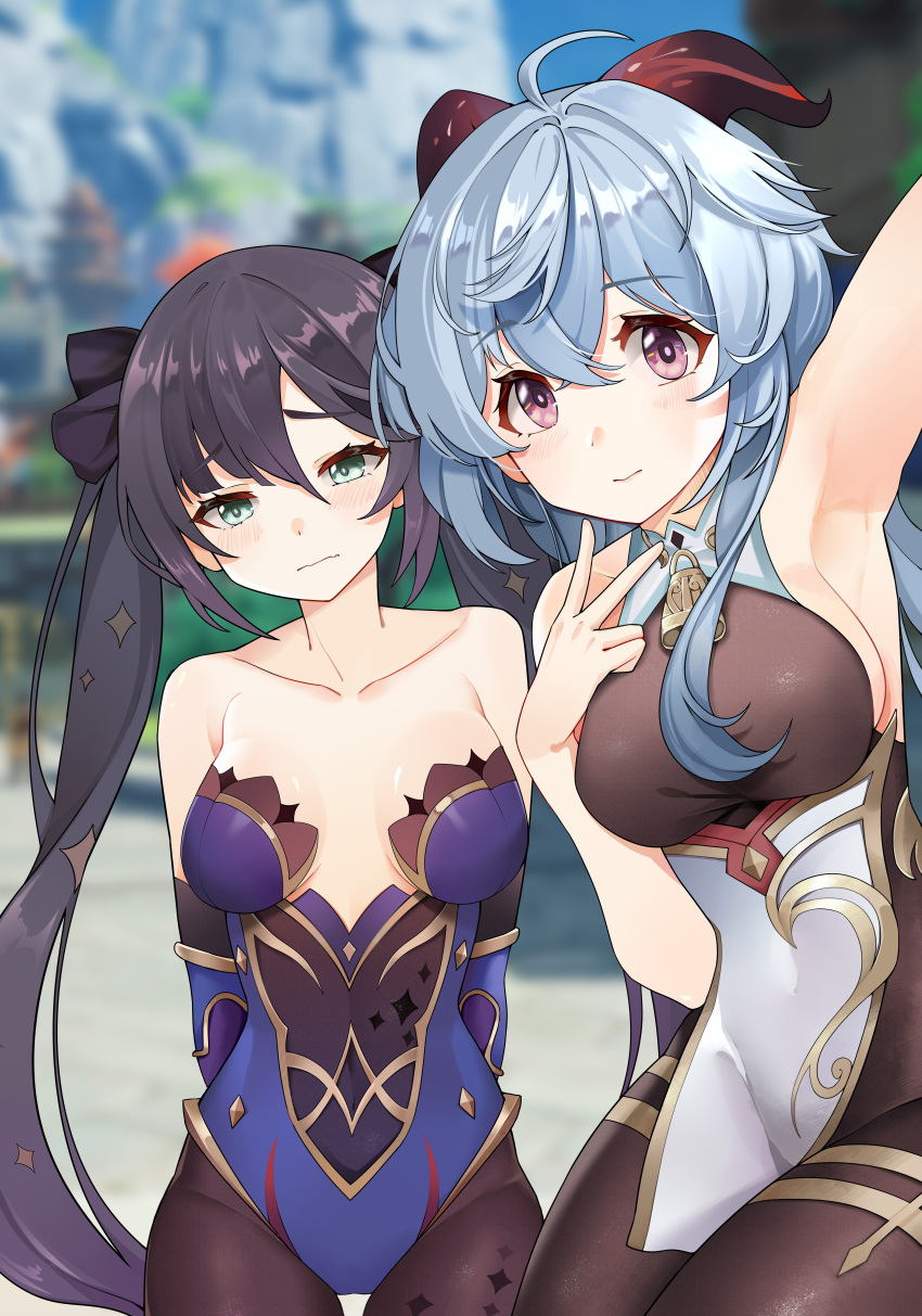 2girls absurdres ahoge arm_up armpits arms_behind_back bangs bare_shoulders bell black_hair blue_hair blue_leotard blurry blurry_background blush bodystocking breast_hold breasts closed_mouth collarbone covered_navel cowboy_shot day depth_of_field embarrassed eyebrows_visible_through_hair frown genshin_impact green_eyes highres horns kemile leotard long_hair looking_at_viewer looking_away looking_to_the_side medium_breasts mona_(genshin_impact) multiple_girls no_headwear outdoors self_shot sideboob single_sidelock strapless strapless_leotard twintails underbust v very_long_hair violet_eyes