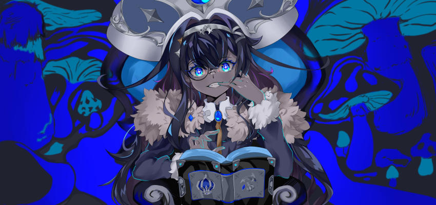 1girl absurdres bangs black_hair blue_background blue_eyes blue_hair book brooch coat commentary eyebrows_visible_through_hair fur-trimmed_coat fur-trimmed_sleeves fur_trim hat highres hololive hololive_china jewelry king_(vocaloid) long_hair long_sleeves looking_at_viewer mianbao_yao_a_yao monocle mushroom official_art solo teeth virtual_youtuber