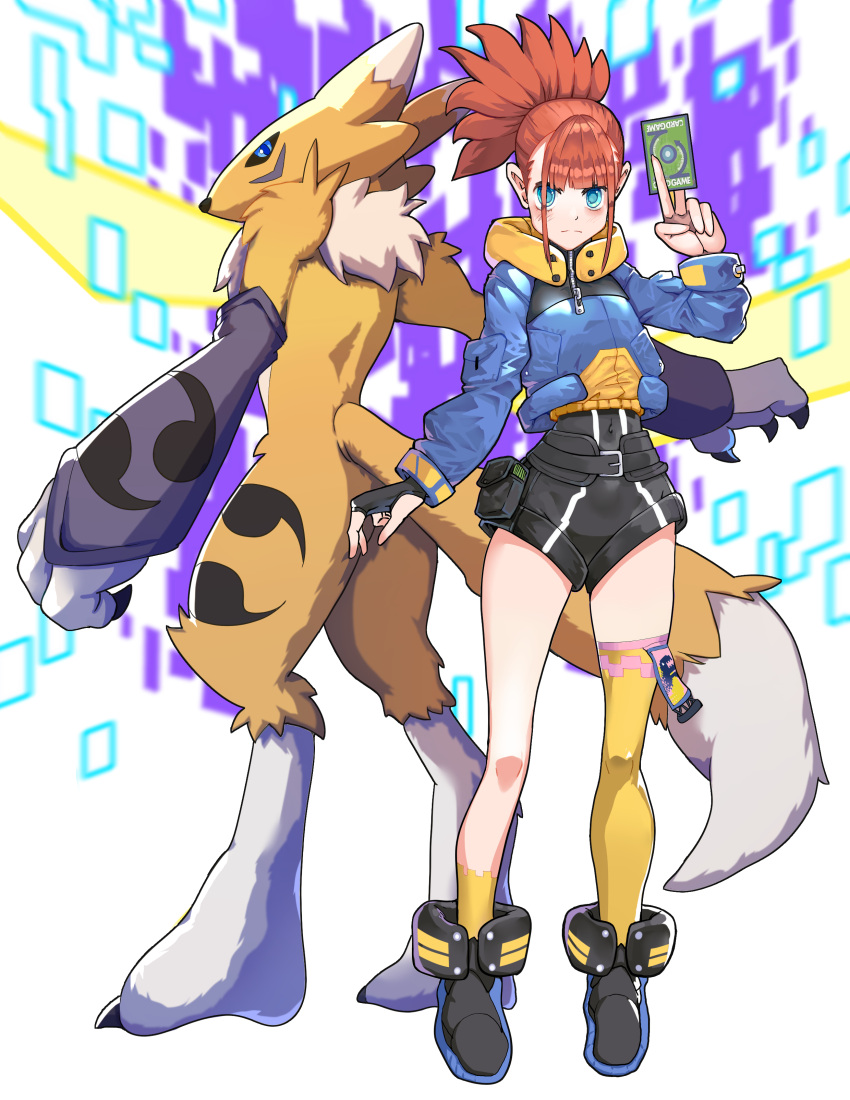 1girl absurdres alternate_costume asymmetrical_legwear black_footwear black_gloves black_leotard blue_eyes blue_jacket blush brown_hair card claws clip_studio_paint_(medium) closed_mouth commentary covered_navel digimon digimon_tamers fingerless_gloves full_body furry gloves hand_up highres holding holding_card jacket leotard long_sleeves makino_ruki ponytail pouch renamon serious shoes single_glove standing tail thigh-highs yellow_legwear yeo_yee_heng zipper zipper_pull_tab