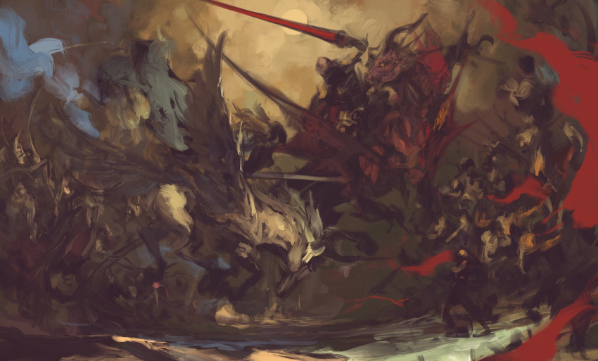 6+others arm_up armor battle clouds cloudy_sky dragon dragon_riding feathered_wings highres holding holding_lance holding_polearm holding_weapon kazama_raita lance long_hair multiple_others orange_eyes original outdoors painterly pegasus polearm riding sky sun war weapon wings