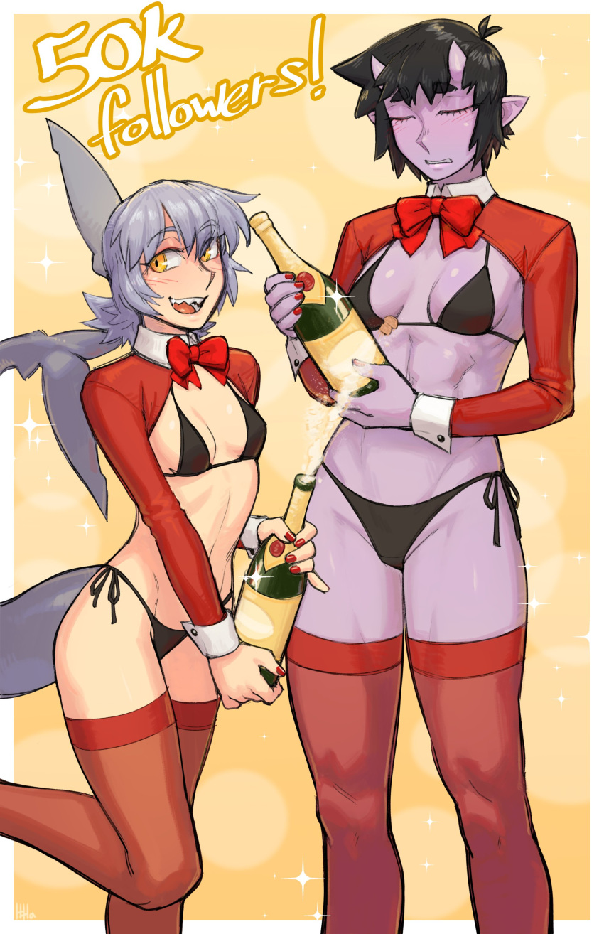 2girls :d absurdres bangs bikini black_bikini black_hair bottle bow bowtie breasts champagne_bottle closed_eyes colored_skin commentary english_commentary eyebrows_visible_through_hair feet_out_of_frame fish_tail grey_hair highres holding holding_bottle horns ittla long_sleeves medium_breasts milestone_celebration multiple_girls oni oni_horns open_mouth original parted_lips pointy_ears purple_skin red_bow red_legwear red_nails red_neckwear shark_girl shark_tail sharp_teeth short_hair shrug_(clothing) side-tie_bikini skin-covered_horns small_breasts smile sparkle standing standing_on_one_leg swimsuit tail teeth thick_eyebrows thigh-highs ume_(ittla) yellow_eyes
