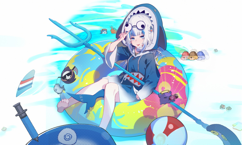 1girl @_@ absurdres alphabet_blocks animal_hood ball bangs barefoot beachball bloop_(gawr_gura) blue_eyes blue_hair blue_hoodie blunt_bangs blush breasts bubba_(watson_amelia) commentary death-sensei_(mori_calliope) drinking fish_tail full_body gawr_gura googly_eyes hair_ornament halo highres holding holding_weapon hololive hololive_english hood hoodie huge_filesize innertube long_hair looking_at_viewer multicolored_hair open_mouth polearm shark_hair_ornament shark_hood shark_tail sharp_teeth short_twintails silver_hair small_breasts smile soda_bottle streaked_hair symbol_commentary syringe tail tako_(ninomae_ina'nis) teeth tentacles trident twintails two-tone_hair two_side_up v virtual_youtuber water weapon zanyak