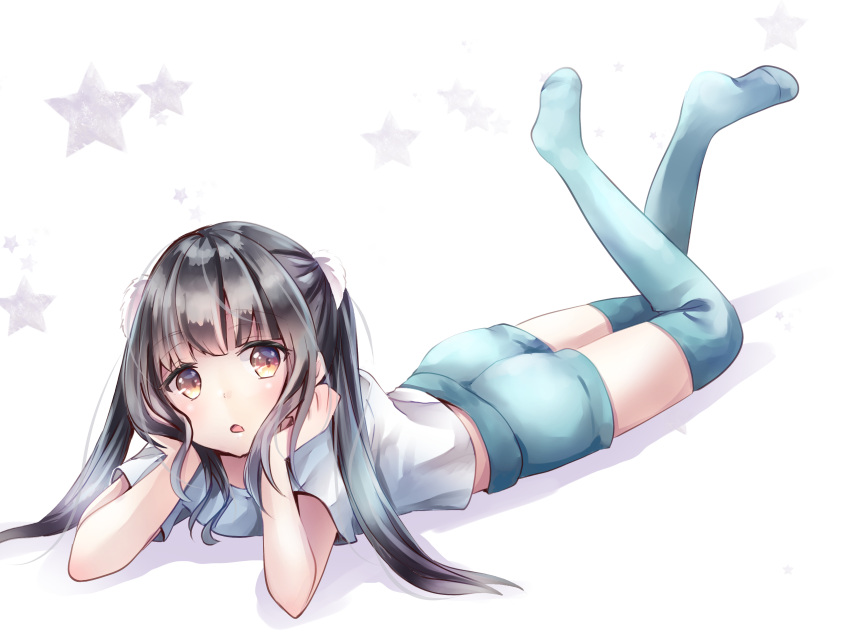 1girl :o absurdres bangs black_hair blue_legwear blue_shorts brown_eyes commentary_request elbow_rest eyebrows_visible_through_hair head_rest highres leg_lift looking_at_viewer lying on_stomach original over-kneehighs shadow shiny shiny_hair shirt short_hair_with_long_locks short_sleeves shorts simple_background solo star_(symbol) starry_background thigh-highs twintails white_background white_shirt yuugi_roki