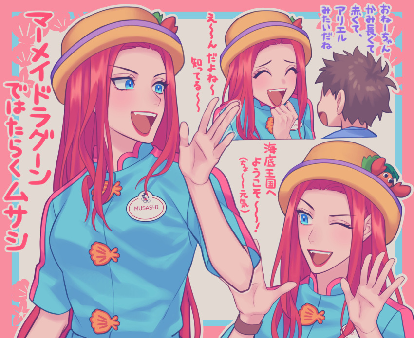 1boy 1girl :d absurdres blue_eyes blue_shirt brown_hair character_name closed_eyes commentary_request eyelashes gi_xxy hand_up hands_up hat highres jessie_(pokemon) long_hair looking_to_the_side one_eye_closed open_mouth orange_headwear pokemon pokemon_(anime) raised_eyebrows shirt short_hair short_sleeves smile team_rocket teeth tongue translation_request wristband