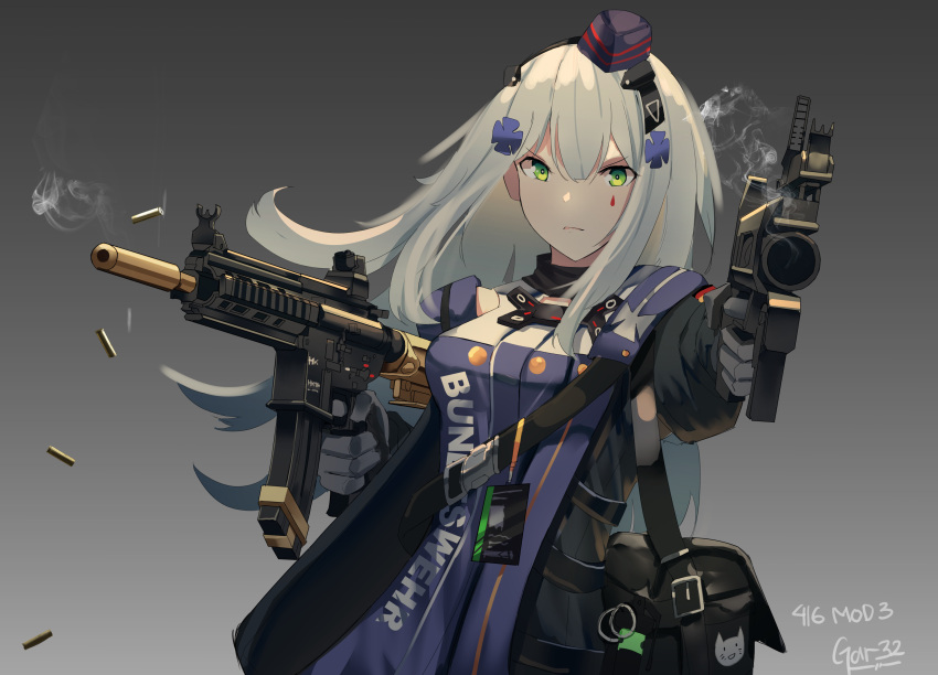 1girl absurdres aiming_at_viewer assault_rifle bag black_bag black_gloves character_name closed_mouth commentary dress dual_wielding english_commentary facial_mark gar32 girls_frontline gloves gradient gradient_background green_eyes grey_background grey_hair gun h&amp;k_hk416 hair_over_one_eye hairband hat highres hk416_(girls_frontline) holding lanyard long_hair looking_at_viewer mini_hat name_tag purple_dress rifle shell_casing shoulder_bag smoke smoke_grenade smoking_gun solo weapon