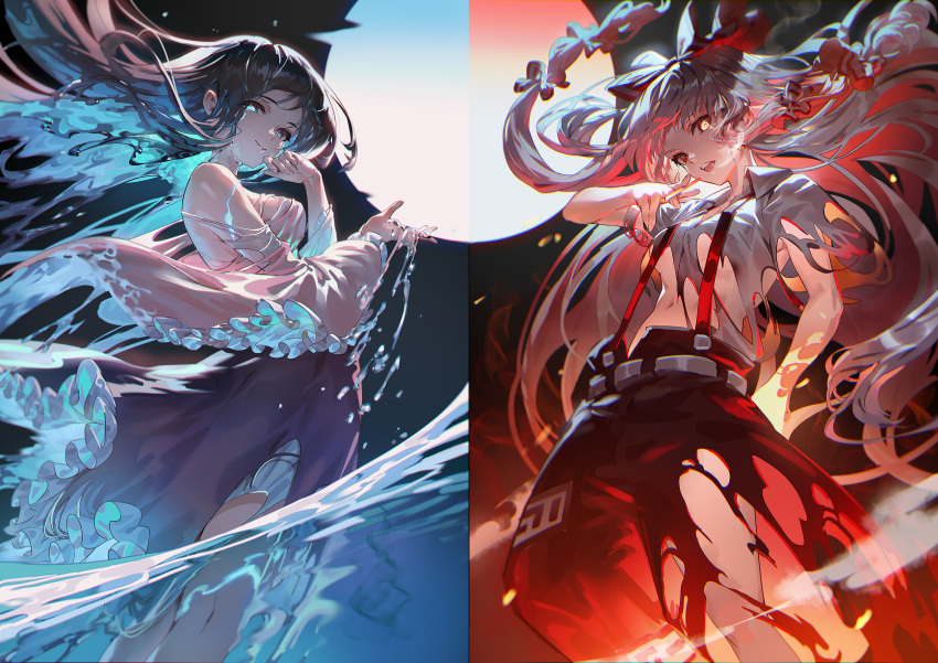 2girls armpit_peek bangs bow breasts burnt_clothes cigarette collared_shirt commentary_request dripping_eye eyebrows_behind_hair feet_out_of_frame fire floating_hair from_below fujiwara_no_mokou full_moon glowing glowing_eye hair_bow hand_in_pocket highres holding holding_cigarette index_finger_raised long_hair looking_at_viewer moon multiple_girls navel night night_sky ofuda_on_clothes open_mouth pants pointing red_eyes red_pants shirt short_sleeves sky small_breasts smoke smoking standing suspenders torn_clothes torn_pants torn_shirt touhou under_boob upper_teeth uu_uu_zan very_long_hair white_hair white_shirt
