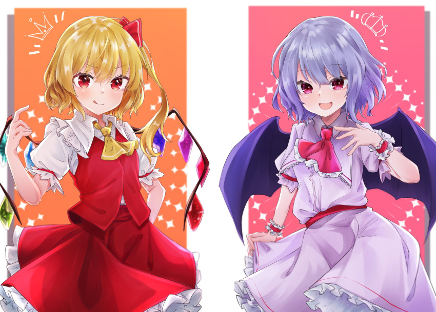 2girls ascot bat_wings blonde_hair bow cowboy_shot crystal dress eyebrows_visible_through_hair flandre_scarlet flat_chest gunsou1350 hair_between_eyes hair_bow highres index_finger_raised looking_at_viewer multiple_girls no_hat no_headwear one_side_up pink_eyes puffy_short_sleeves puffy_sleeves purple_dress purple_hair red_bow red_eyes red_neckwear red_skirt red_vest remilia_scarlet short_hair short_sleeves siblings sisters skirt skirt_set standing touhou vest wings wrist_cuffs yellow_neckwear