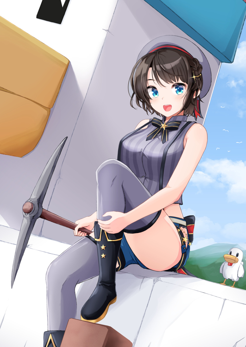 1girl absurdres adda alternate_costume beret bird black_hair blue_eyes boots breasts clouds commentary_request duck hat highres hololive looking_at_viewer minecraft oozora_subaru open_mouth short_hair sitting sky sleeveless solo thigh-highs thighs virtual_youtuber