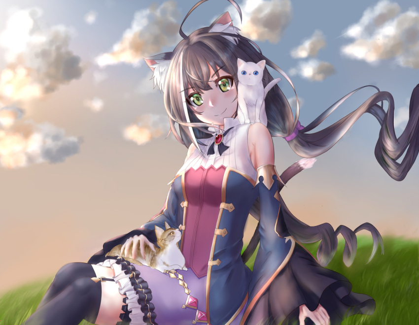 1girl ahoge animal_ear_fluff animal_ears bangs black_hair black_ribbon blue_eyes blurry blurry_background breasts cat cat_ears cat_girl cat_tail clouds cloudy_sky commentary_request detached_sleeves drill_hair evening eyebrows_visible_through_hair frills gem grass hair_ribbon jacket karyl_(princess_connect!) long_hair long_sleeves looking_at_viewer medium_breasts miyama_mizuki(hoshihoshi1220) multicolored_hair neck_ribbon open_mouth outdoors princess_connect! princess_connect!_re:dive purple_ribbon purple_skirt ribbon shirt sidelocks sitting skirt sky sleeveless sleeveless_shirt smile streaked_hair tail twintails vest white_cat white_hair white_shirt wide_sleeves