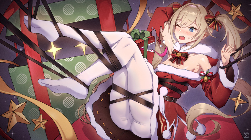 1girl ;o ass barbara_(genshin_impact) bare_shoulders blush bow bowtie box breasts christmas drill_hair feet genshin_impact gift gift_box hair_bow hat highres legs long_sleeves one_eye_closed open_mouth pantyhose restrained santa_costume santa_hat sharp_teeth sigma_2018 sweatdrop teeth torn_clothes twin_drills twintails white_legwear