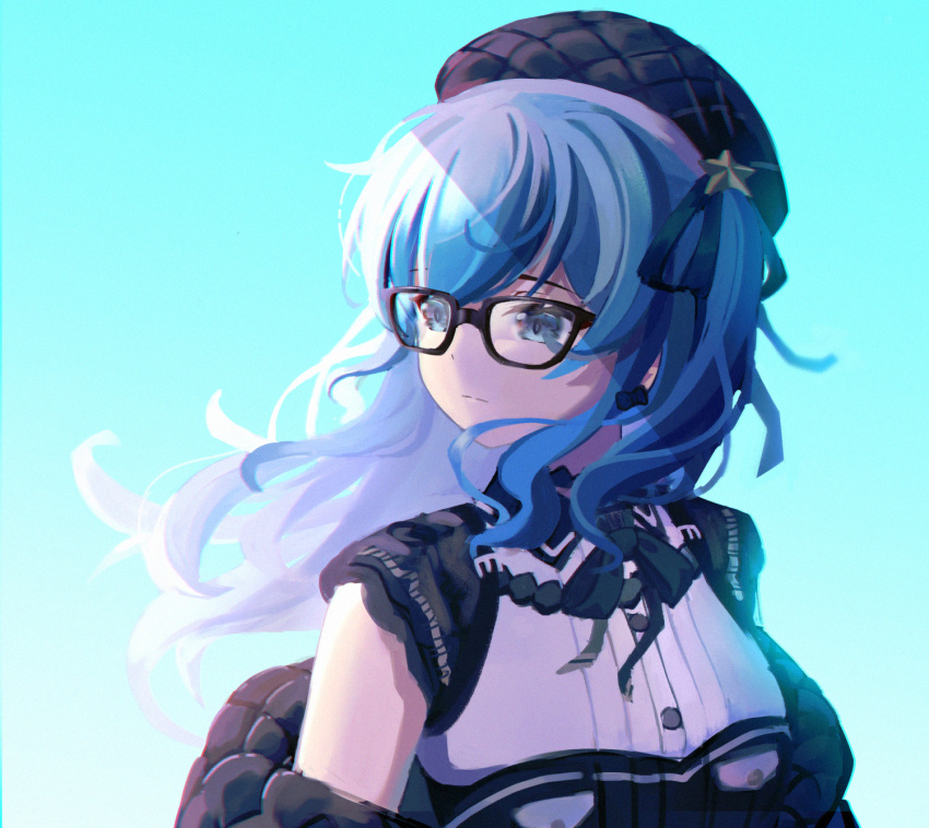 1girl beret black-framed_eyewear black_headwear black_jacket black_ribbon blue_background blue_eyes blue_hair commentary_request floating_hair glasses gradient gradient_background hair_ornament hair_ribbon hat highres hololive hoshimachi_suisei jacket long_hair looking_away looking_to_the_side off_shoulder one_side_up open_clothes open_jacket ribbon sasatabekung shirt solo star_(symbol) star_hair_ornament upper_body virtual_youtuber white_shirt