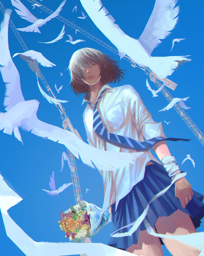 1girl bird blue_neckwear blue_skirt blue_sky bouquet breast_pocket brown_hair collared_shirt cowboy_shot crane_(machine) day dove eyepatch flower highres holding holding_bouquet looking_at_viewer medical_eyepatch medium_hair miniskirt necktie one_eye_covered original outdoors parted_lips pleated_skirt pocket school_uniform shirt skirt sky solo standing untucked_shirt wataboku white_shirt wing_collar