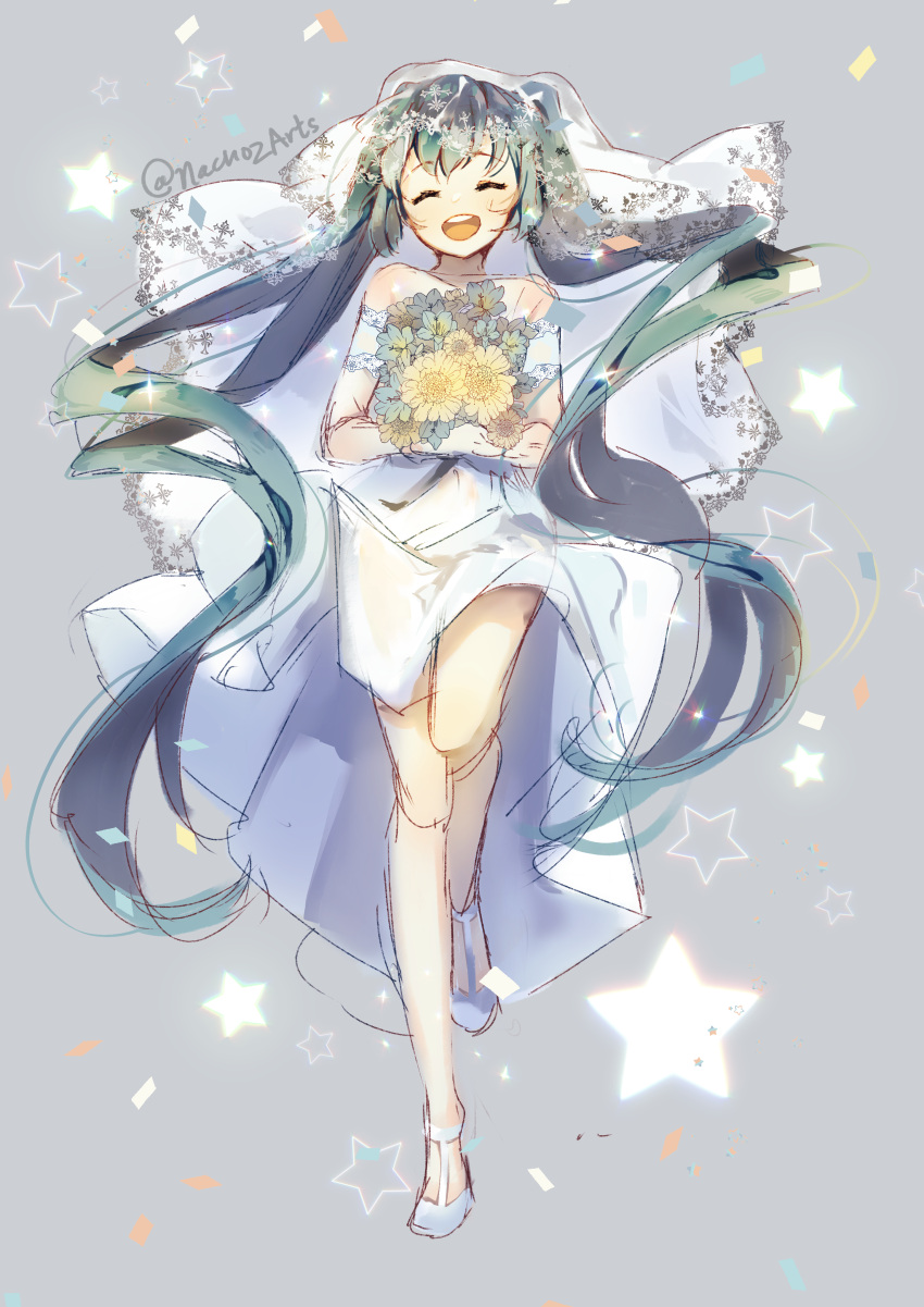 1girl ^_^ absurdres bouquet bridal_veil bride closed_eyes commentary_request crossed_arms dress elbow_gloves flower full_body gloves green_hair hatsune_miku highres holding holding_bouquet long_dress long_hair nachoz_(nachozart) open_mouth sketch smile solo sunflower twintails twitter_username upper_teeth veil very_long_hair vocaloid wedding_dress white_dress white_footwear