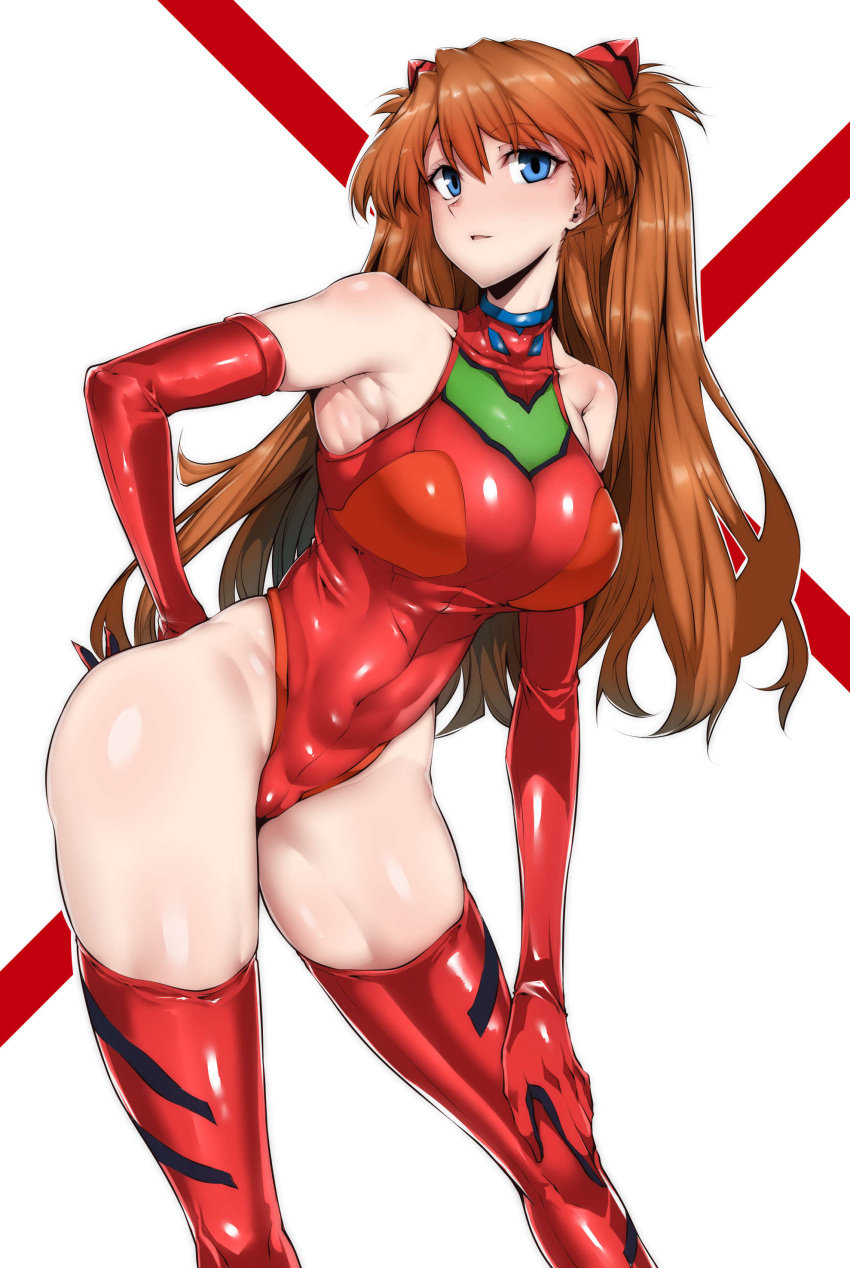 1girl absurdres bare_shoulders blue_eyes brown_hair eyebrows_visible_through_hair gggg gloves hair_between_eyes highres leotard neon_genesis_evangelion parted_lips plugsuit shikinami_asuka_langley shiny shiny_clothes shiny_hair shiny_skin simple_background solo souryuu_asuka_langley twintails white_background