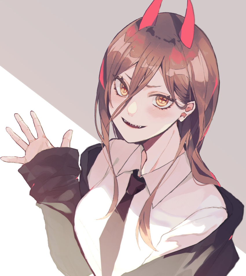 +_+ 1girl :d black_jacket black_neckwear blush brown_hair chainsaw_man collared_shirt grey_background highres horns jacket long_hair long_sleeves looking_at_viewer necktie off_shoulder open_mouth power_(chainsaw_man) satsuki_(miicat) sharp_teeth shirt sleeves_past_wrists smile solo teeth upper_body white_shirt wing_collar yellow_eyes