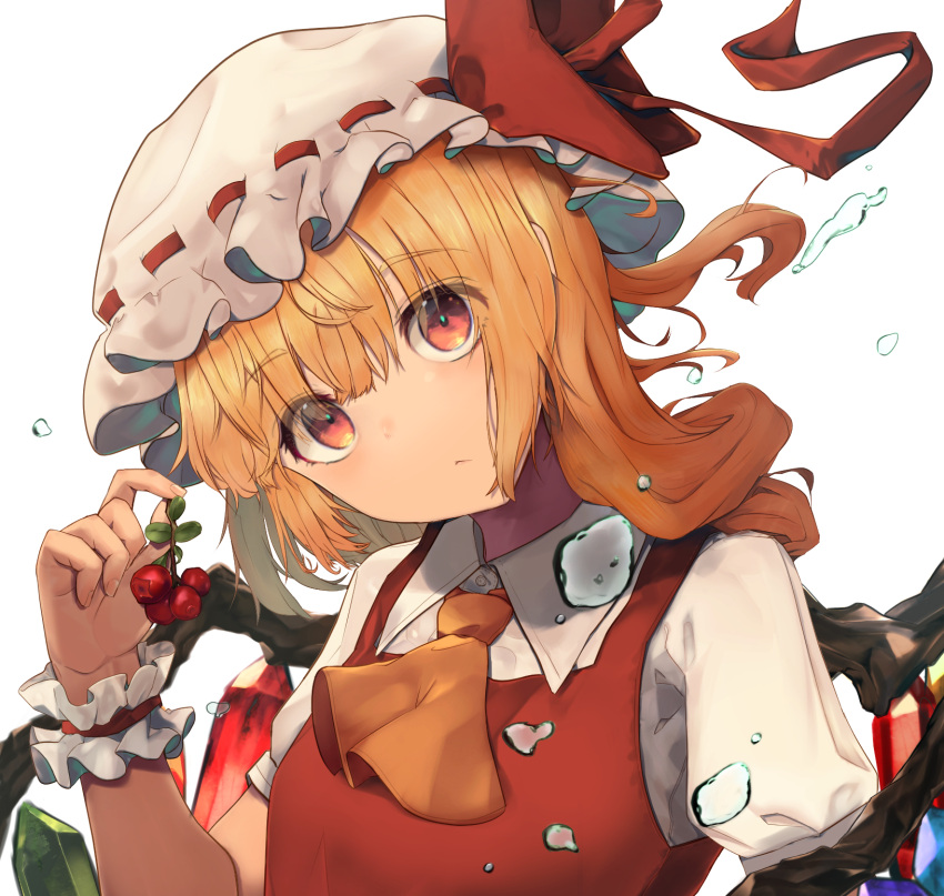 1girl :/ ascot asymmetrical_hair bangs berries blonde_hair blunt_bangs bow breasts closed_mouth commentary_request crystal droplets eyebrows_visible_through_hair flandre_scarlet food fruit hat hat_bow hat_ribbon head_tilt highres holding holding_food holding_fruit kurowa_(curowa) long_hair looking_at_viewer mob_cap puffy_short_sleeves puffy_sleeves red_bow red_eyes red_ribbon red_vest ribbon ribbon-trimmed_headwear ribbon_trim shirt short_sleeves simple_background small_breasts solo touhou upper_body vest water white_background white_headwear white_shirt wings wrist_cuffs yellow_neckwear