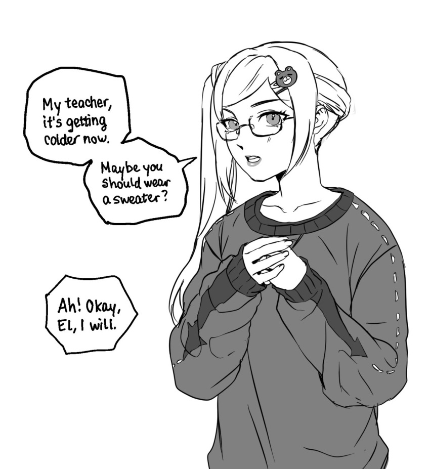 1girl bespectacled contemporary edelgard_von_hresvelg english_text fire_emblem fire_emblem:_three_houses glasses greyscale hair_ornament hairclip hands_clasped highres lips monochrome own_hands_together radiostarkiller semi-rimless_eyewear side_ponytail solo speech_bubble sweater under-rim_eyewear