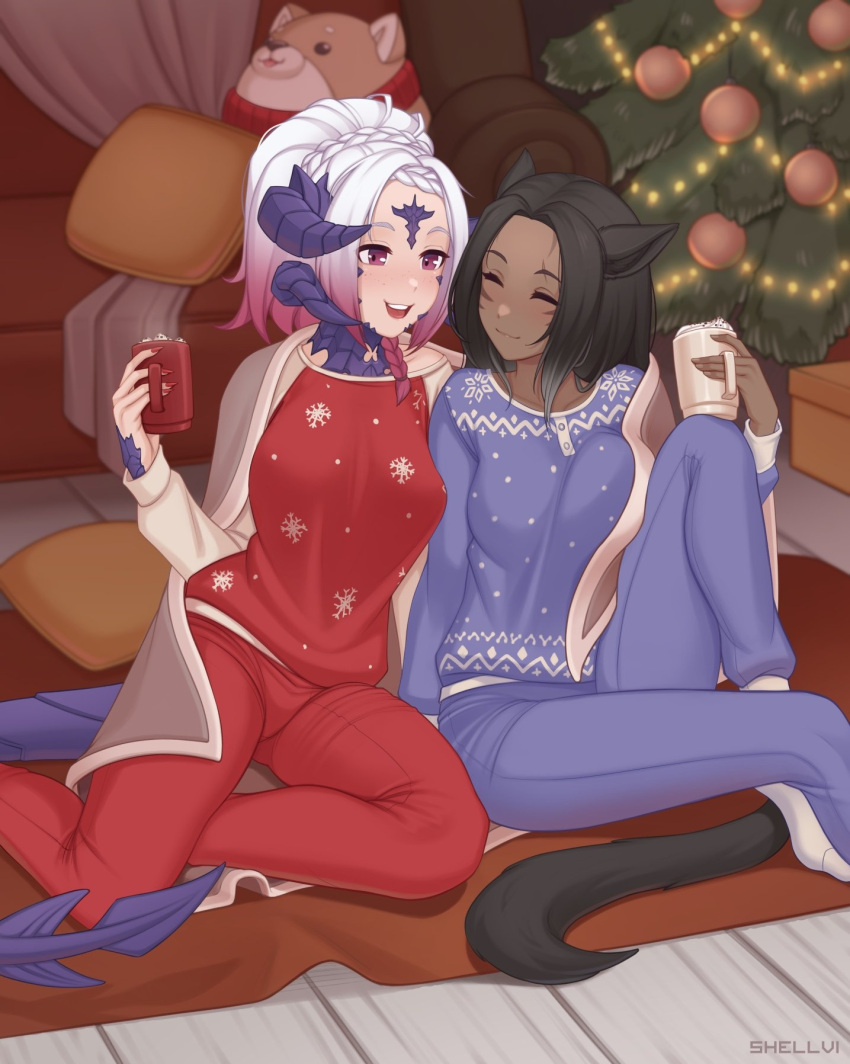 2girls :d animal_ears au_ra black_hair blonde_hair blush braid braided_bangs braided_ponytail breasts cat_ears christmas christmas_tree closed_eyes closed_mouth commentary commission cup dark-skinned_female dark_skin english_commentary final_fantasy final_fantasy_xiv fingernails freckles highres holding holding_cup horns large_breasts looking_at_another miqo'te mug multiple_girls multiple_horns nail_polish on_floor open_mouth original pajamas ponytail purple_pajamas red_eyes red_nails red_pajamas rug shellvi side-by-side sitting smile tail upper_teeth yokozuwari