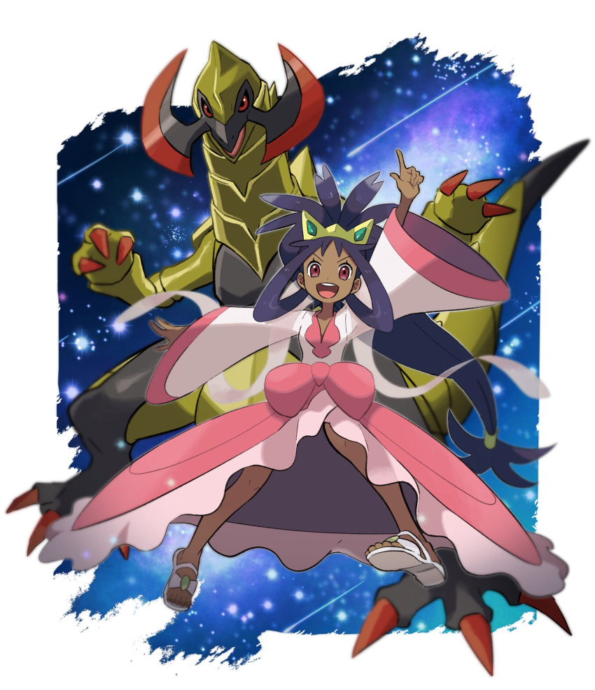 1girl :d arm_up bangs black_hair bow commentary_request dark_skin dark-skinned_female dress eyelashes gen_5_pokemon hair_rings hair_tie haxorus highres index_finger_raised iris_(pokemon) knees long_hair open_mouth outstretched_arm pink_bow pokemon pokemon_(creature) pokemon_(game) pokemon_bw2 sandals smile teeth tiara tied_hair toes tongue very_long_hair wide_sleeves zig_38