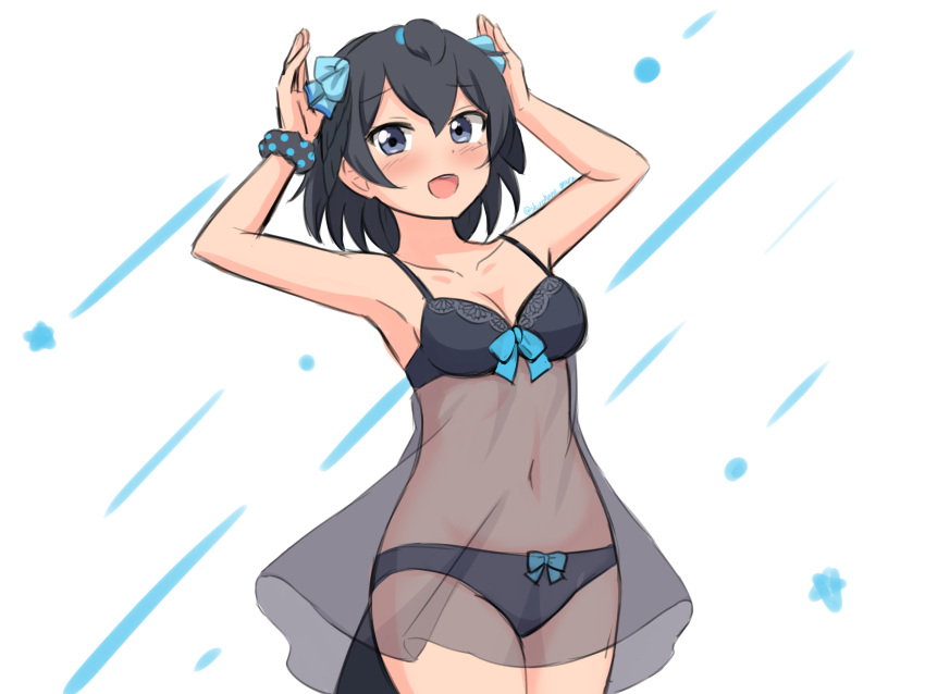 1girl :d absurdres armpits arms_up babydoll bangs bare_shoulders black_babydoll black_hair black_panties blue_bow blue_eyes bow bow_panties breasts collarbone cowboy_shot eyebrows_visible_through_hair greater_lophorina_(kemono_friends) hair_between_eyes hair_bow highres kemono_friends lingerie looking_at_viewer medium_breasts navel open_mouth panties scrunchie see-through shiraha_maru short_hair simple_background smile solo tail twitter_username underwear white_background wrist_scrunchie