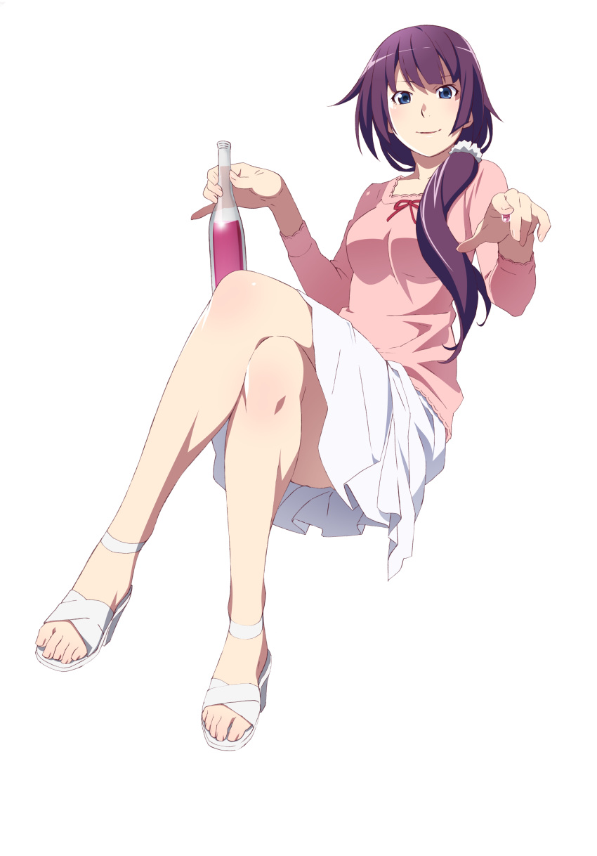 1girl absurdres bakemonogatari bangs blue_eyes bottle breasts collarbone crossed_legs eyelashes high_heels highres holding holding_bottle invisible_chair legs long_sleeves looking_at_viewer medium_breasts medium_skirt monogatari_(series) parted_lips pink_shirt pleated_skirt pointing pointing_at_viewer ponytail purple_hair sandals scrunchie senjougahara_hitagi shiny shiny_hair shiny_skin shirt sidelocks simple_background sitting skirt smile solo toes watanabe_akio white_background white_footwear white_skirt