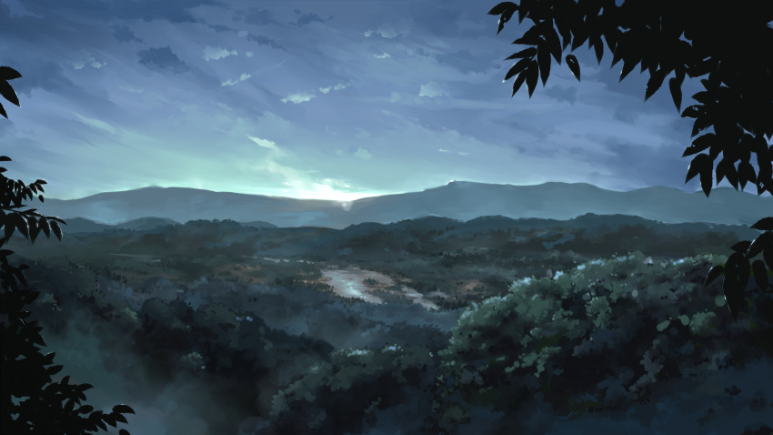 absurdres blue_sky chinese_commentary clouds cloudy_sky commentary_request cronstatd foliage gensoukyou gradient_sky grass highres hill landscape leaf morning mountainous_horizon no_humans outdoors reflection scenery sky sunlight sunrise touhou