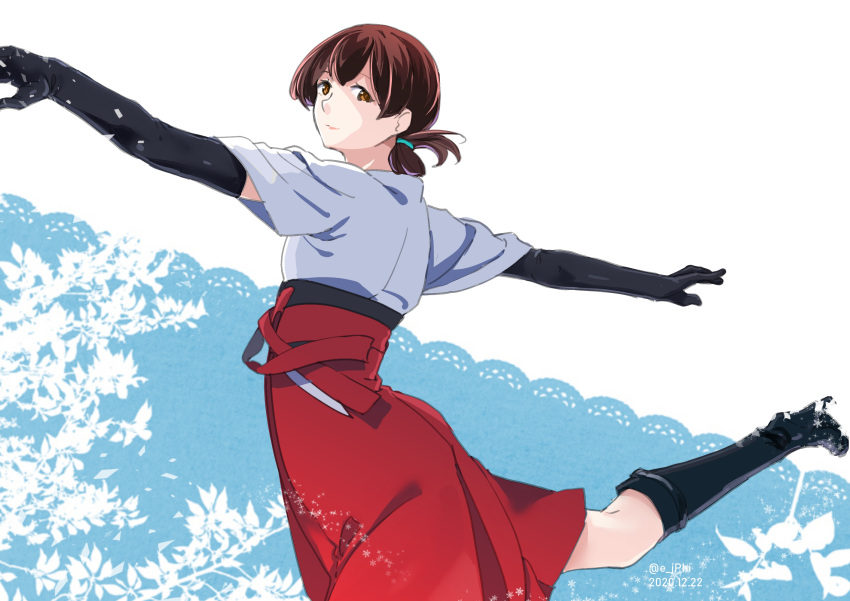 1girl black_footwear black_gloves blue_ribbon boots brown_eyes brown_hair dougi elbow_gloves folded_ponytail from_side gloves hair_ribbon hakama high_heel_boots high_heels highres japanese_clothes kantai_collection kasuga_maru_(kantai_collection) leg_up long_hair looking_at_viewer outstretched_arms red_hakama ribbon solo vi3r6ein