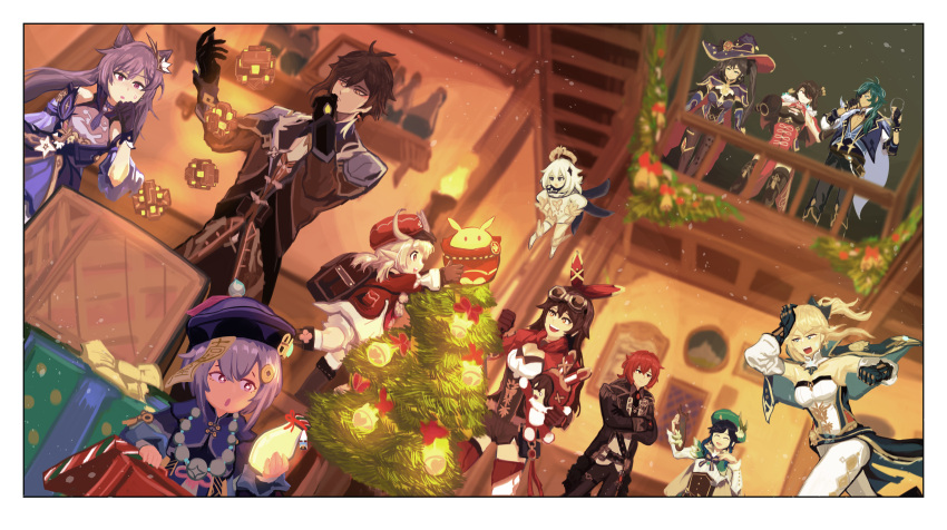 +_+ 4boys 6+girls absurdres ahoge amber_(genshin_impact) androgynous asymmetrical_legwear aura backpack bag bangs baron_bunny bead_necklace beads beidou_(genshin_impact) black_coat black_hair blonde_hair blush boots box braid breasts cape capelet chain chinese_clothes choker christmas christmas_ornaments christmas_tree coat coin_hair_ornament cup diluc_(genshin_impact) dress drinking_glass earrings eyepatch floating flower full_body fur_trim genshin_impact gift gift_box gloves glowing green_headwear hair_between_eyes hair_over_one_eye hair_ribbon halo hat hat_feather hat_ornament high_heel_boots high_heels highres holding holding_cup holding_instrument indoors instrument jean_gunnhildr jewelry kaeya_(genshin_impact) keqing_(genshin_impact) klee_(genshin_impact) knee_boots large_breasts lemontansan leotard long_hair long_sleeves low_twintails mona_(genshin_impact) multiple_boys multiple_girls necklace open_mouth painting_(object) pantyhose pelvic_curtain pointy_ears purple_hair qing_guanmao qiqi railing red_capelet red_dress red_eyes red_headwear red_ribbon redhead ribbon short_hair shoulder_guard sleeves_past_wrists smile talisman tassel thigh-highs thigh_boots twin_braids twintails venti_(genshin_impact) violet_eyes vision_(genshin_impact) white_dress white_feathers white_flower white_hair white_legwear wide_sleeves window wine_glass yellow_eyes zhongli_(genshin_impact)