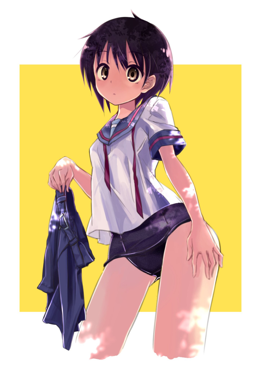 1girl blue_sailor_collar border brown_eyes closed_mouth contrapposto copyright_request cropped_legs hand_on_hip highres holding holding_clothes holding_skirt looking_at_viewer nanabuluku one-piece_swimsuit outside_border purple_hair sailor_collar school_uniform serafuku shirt short_hair short_sleeves skirt skirt_removed solo standing swimsuit swimsuit_under_clothes undone_necktie white_border white_shirt yellow_background