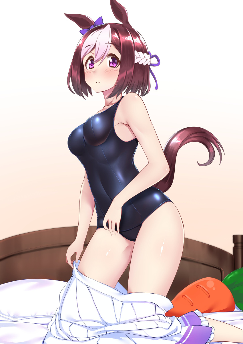 1girl a9b_(louis814) absurdres animal_ears bed blue_swimsuit brown_hair carrot commentary_request commission full_body gradient gradient_background highres horse_ears horse_girl horse_tail kneeling looking_at_viewer multicolored_hair pillow pleated_skirt school_swimsuit skeb_commission skirt skirt_removed solo special_week swimsuit tail two-tone_hair umamusume white_hair white_skirt