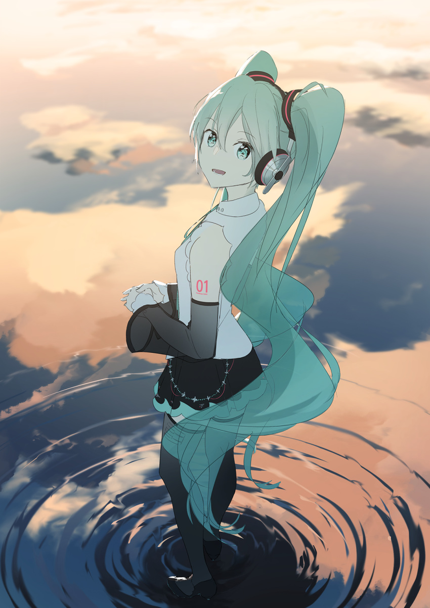 1girl aqua_eyes aqua_hair bare_shoulders black_legwear black_skirt black_sleeves commentary destroikan detached_sleeves from_above from_side hair_ornament hatsune_miku hatsune_miku_(nt) headphones high_heels highres long_hair looking_at_viewer looking_back miniskirt neck_ribbon open_mouth piapro pleated_skirt ribbon ripples see-through_legwear see-through_sleeves shirt shoulder_tattoo skirt sky sleeveless sleeveless_shirt smile solo standing standing_on_liquid tattoo thigh-highs twilight twintails very_long_hair vest vocaloid white_shirt white_sleeves zettai_ryouiki