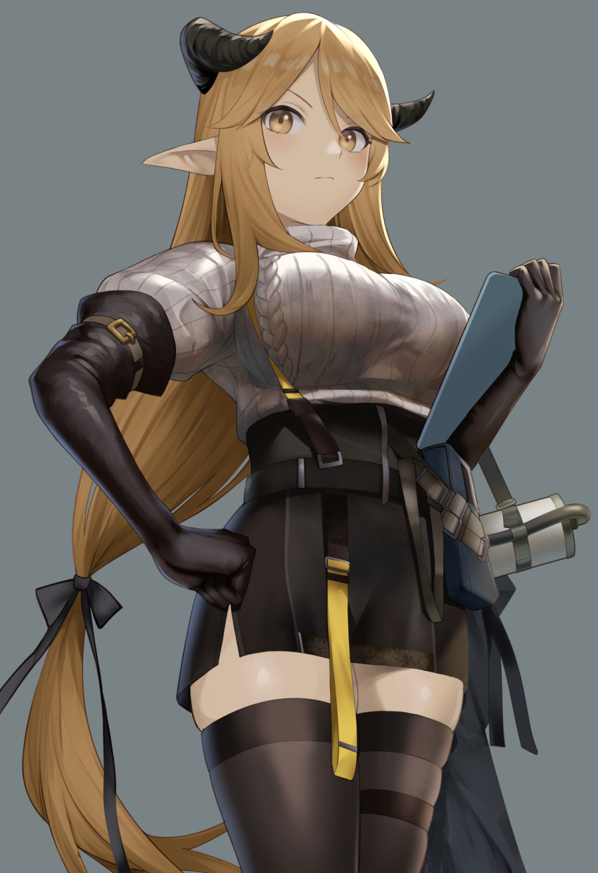 1girl arknights black_gloves black_legwear black_ribbon black_skirt brown_eyes brown_hair clipboard commentary cowboy_shot elbow_gloves gloves grey_background grey_sweater hair_ribbon highres holding holding_clipboard horns long_hair low-tied_long_hair meteorite_(arknights) pointy_ears ribbed_sweater ribbon simple_background skindentation skirt solo standing sweater thigh-highs tsuchifumazu turtleneck turtleneck_sweater very_long_hair