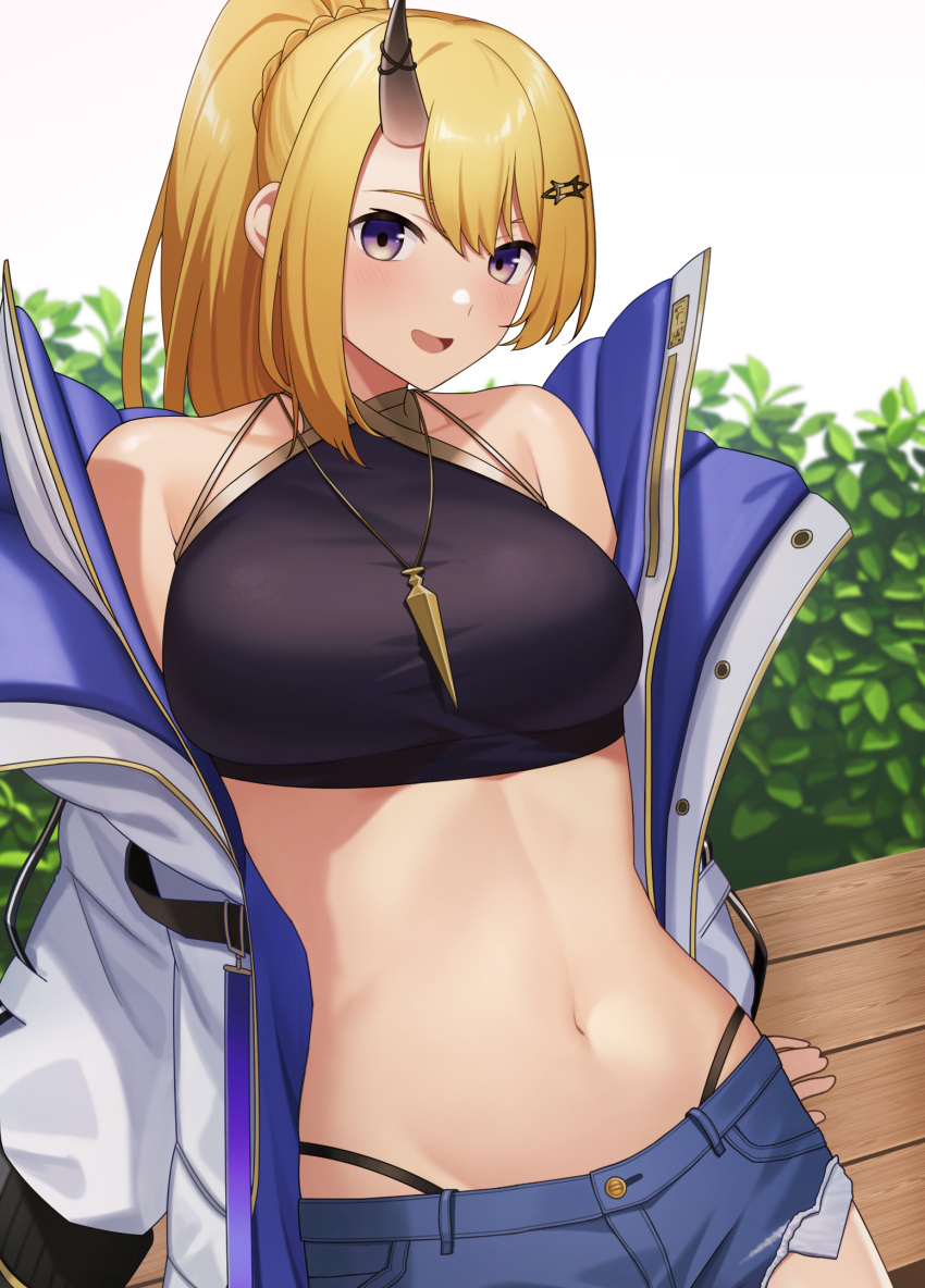 1girl :d arm_support bangs bare_shoulders bench black_panties black_shirt blonde_hair blush braid breasts coat collarbone commentary_request commission cowboy_shot crop_top cutoffs denim denim_shorts exposed_pocket eyebrows_behind_hair groin hair_between_eyes hair_ornament hairclip highleg highleg_panties highres horns indie_virtual_youtuber jewelry large_breasts long_hair long_sleeves looking_at_viewer makoto_yukiko midriff navel necklace off_shoulder open_clothes open_coat open_mouth panties pixiv_request plant ponytail sakamotono shirt short_shorts shorts sidelocks single_horn sitting smile solo taut_clothes underwear violet_eyes white_background white_coat