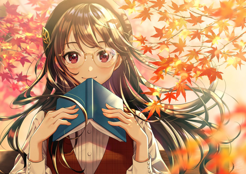 1girl autumn_leaves beret black_headwear blush book brown_hair closed_mouth commentary_request glasses hat highres holding holding_book leaf long_hair looking_at_viewer morikura_en original red_eyes shirt smile solo upper_body white_shirt yellow-framed_eyewear