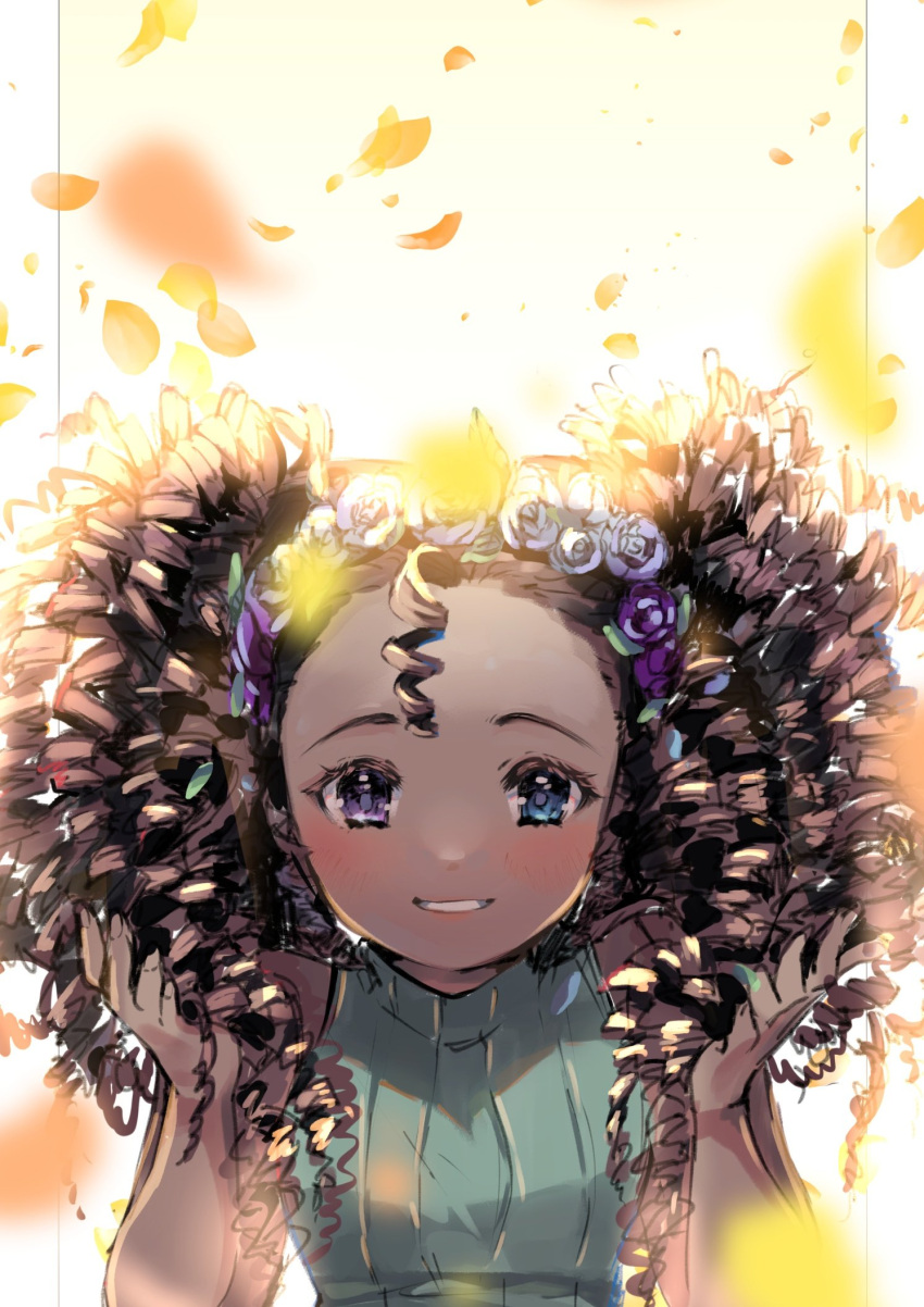 1girl artist_self-insert backlighting big_hair blue_eyes blush brown_hair commentary curly_hair dark_skin dark-skinned_female english_commentary fingernails flower forehead hair_flower hair_ornament heterochromia highres long_hair nachozarts nose_blush real_life ringlets sleeveless sleeveless_turtleneck smile solo turtleneck very_dark_skin violet_eyes