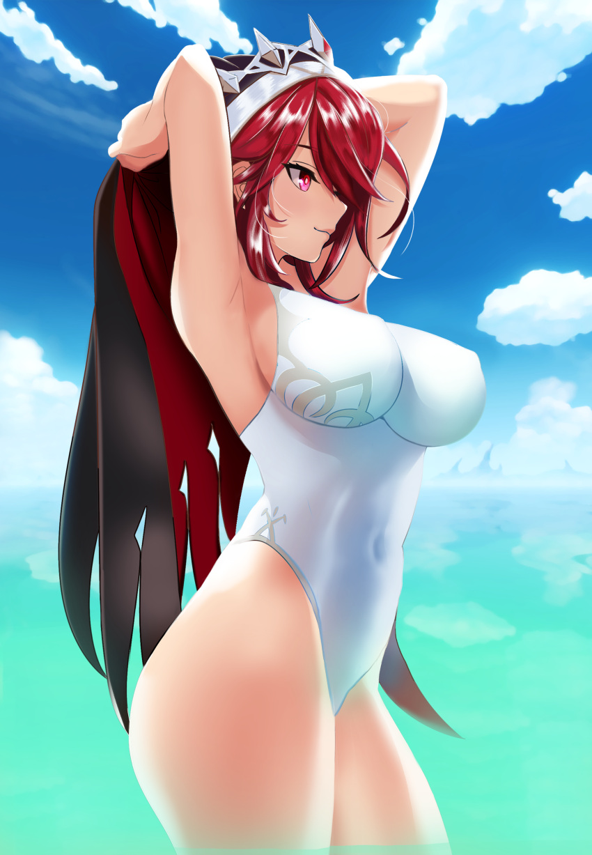 1girl absurdres armpits arms_up blue_sky blush breasts clouds covered_navel covered_nipples day from_side genshin_impact hair_over_one_eye half-closed_eyes happyboynumber1 highres large_breasts leotard looking_to_the_side ocean partially_submerged red_eyes redhead rosaria_(genshin_impact) sideboob sky smile solo swimsuit swimwear veil