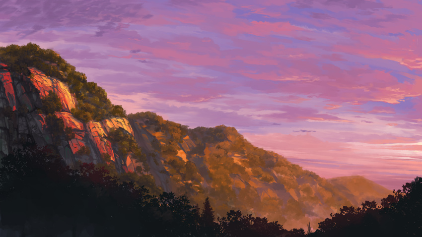absurdres blue_sky chinese_commentary cliff clouds cloudy_sky commentary_request cronstatd day evening forest gensoukyou gradient_sky highres hill landscape nature no_humans orange_sky outdoors pink_sky scenery sky sunset touhou tree