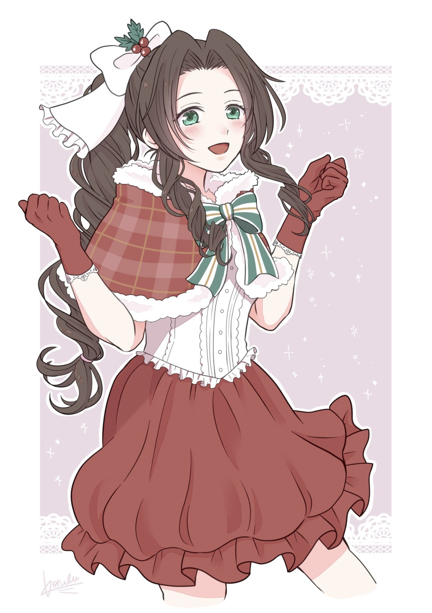 aerith_gainsborough blush bow breasts brown_hair capelet christmas curly_hair final_fantasy final_fantasy_vii gloves green_bow green_eyes hair_ribbon highres kt9_ct long_hair open_mouth pink_background red_gloves ribbon santa_costume santa_dress small_breasts smile snowflakes solo sparkle white_background