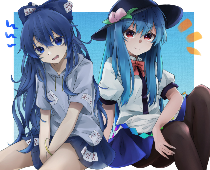 2girls ass bangle black_headwear black_legwear blue_eyes blue_hair blue_skirt bow bowtie bracelet breasts debt eyebrows_visible_through_hair feet_out_of_frame food fruit grey_shirt gunsou1350 hair_between_eyes hair_bow hat head_tilt hinanawi_tenshi jewelry knees_up long_hair looking_at_viewer multiple_girls notice_lines open_mouth pantyhose peach pleated_skirt puffy_short_sleeves puffy_sleeves red_bow red_eyes red_neckwear see-through_skirt shirt short_sleeves sitting skirt small_breasts touhou v-shaped_eyebrows v_arms very_long_hair white_shirt yorigami_shion