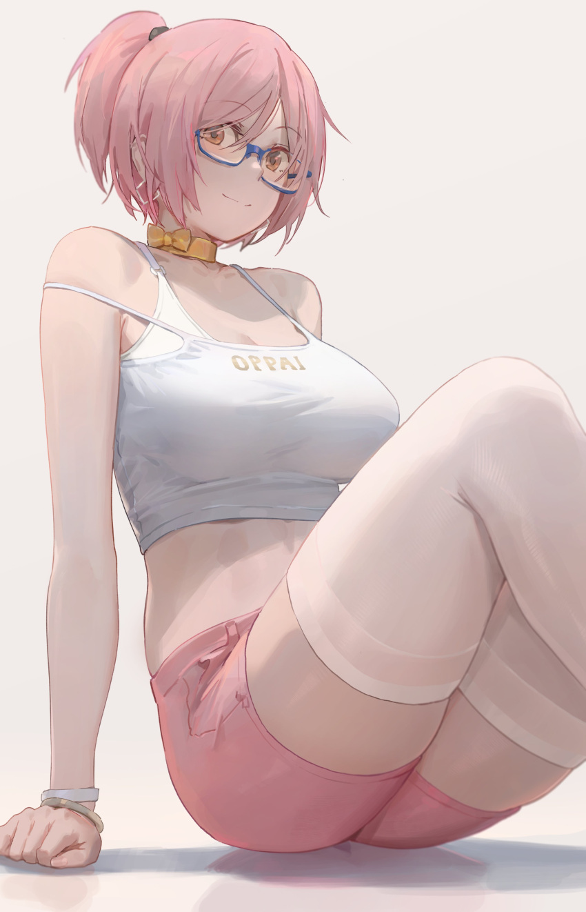 1girl absurdres bangs bare_shoulders blush breasts brown_eyes closed_mouth glasses highres large_breasts looking_at_viewer original pink_hair pink_shorts ponytail short_hair short_ponytail shorts sitting smile sports_bra thigh-highs thighs white_legwear yohan1754