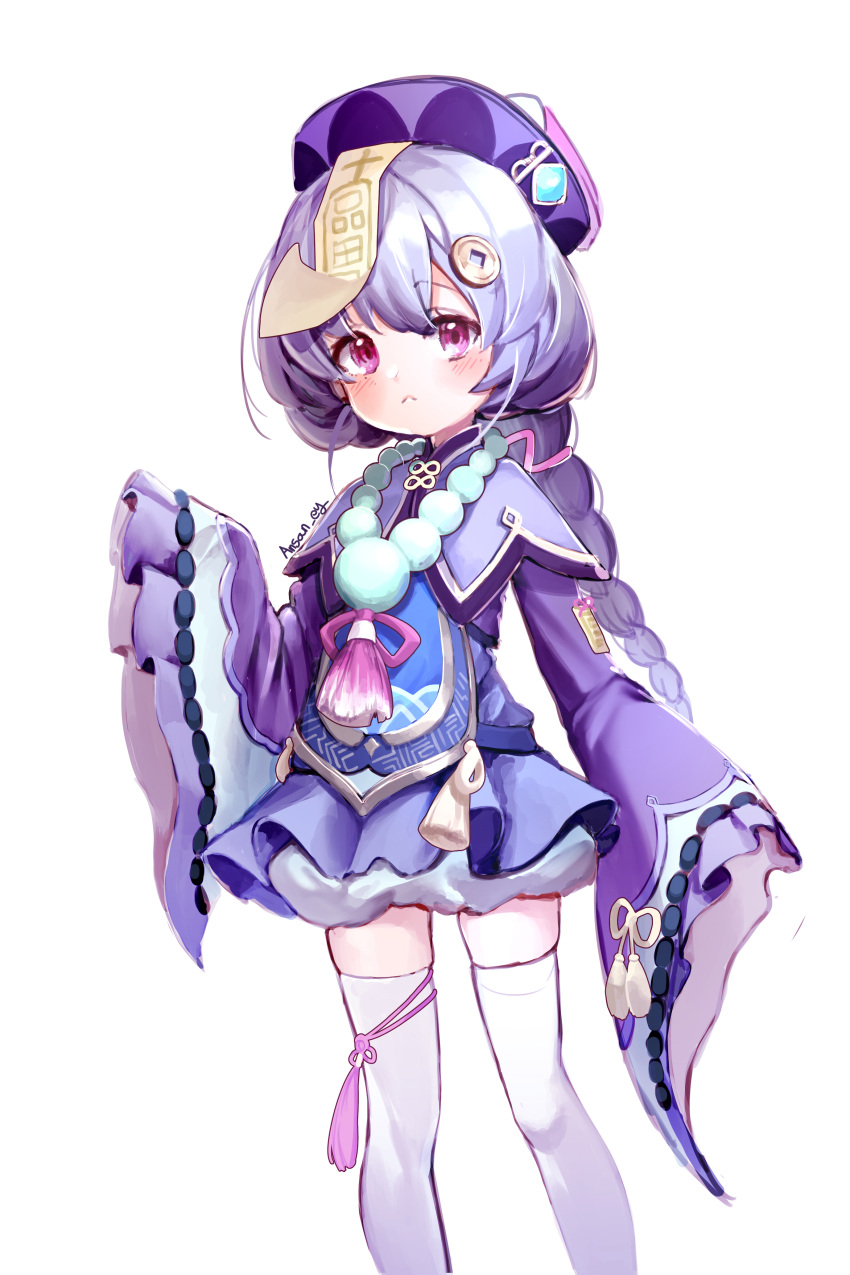 1girl absurdres ansan_ey bangs bead_necklace beads blush braid coin coin_hair_ornament genshin_impact hair_between_eyes hat highres jewelry long_sleeves looking_at_viewer necklace purple_hair purple_headwear qing_guanmao qiqi solo talisman thigh-highs violet_eyes white_legwear wide_sleeves