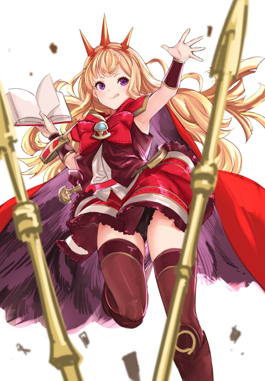 1girl :q absurdres black_footwear black_panties blonde_hair book boots bracer cagliostro_(granblue_fantasy) cape flat_chest granblue_fantasy hairband highres knee_boots long_hair open_book outstretched_arm panties pantyshot polearm purple_legwear red_cape red_skirt skirt solo spear spiked_hairband spikes tetsu_(kimuchi) thigh-highs tongue tongue_out underwear upper_body vambraces violet_eyes weapon
