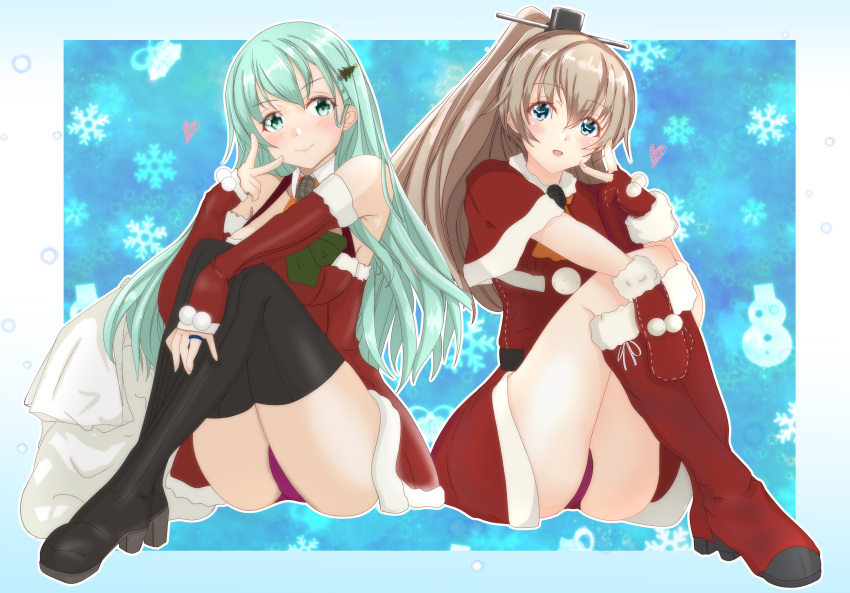 2girls :d absurdres alternate_costume aqua_hair ascot bare_shoulders belt black_belt black_footwear blue_eyes boots brown_hair capelet detached_sleeves dress eyebrows_visible_through_hair full_body fur-trimmed_boots fur-trimmed_capelet fur-trimmed_sleeves fur_trim green_eyes hair_ornament hairclip highres kantai_collection kumano_(kantai_collection) long_hair looking_at_viewer multiple_girls nitamago_(sakamalh) official_alternate_costume open_mouth orange_neckwear panties ponytail red_capelet red_dress red_footwear red_panties santa_costume santa_dress sitting smile suzuya_(kantai_collection) thigh-highs thigh_boots underwear v