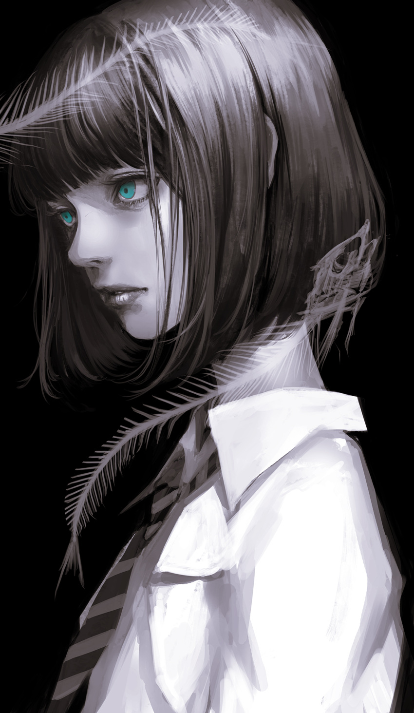 1girl bangs black_background blunt_bangs collared_shirt fish_skeleton from_side green_eyes highres medium_hair necktie original parted_lips shirt simple_background solo spot_color upper_body wataboku wing_collar
