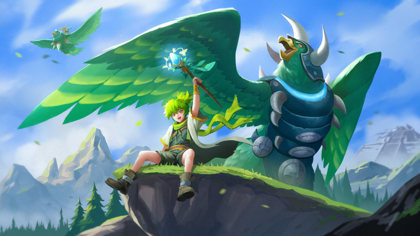 1boy 1girl arm_up armor armored_animal bird brown_footwear daigusto_falcos daigusto_gulldos duel_monster flying forest glowing_staff green_eyes green_hair holding holding_staff horns kamui_hope_of_gusto mountainous_horizon nature open_clothes open_mouth pine_tree ponytail riding_bird scarf short_sleeves shorts sihai_(wsskdywe) sitting staff tree wind winda_priestess_of_gusto yu-gi-oh!
