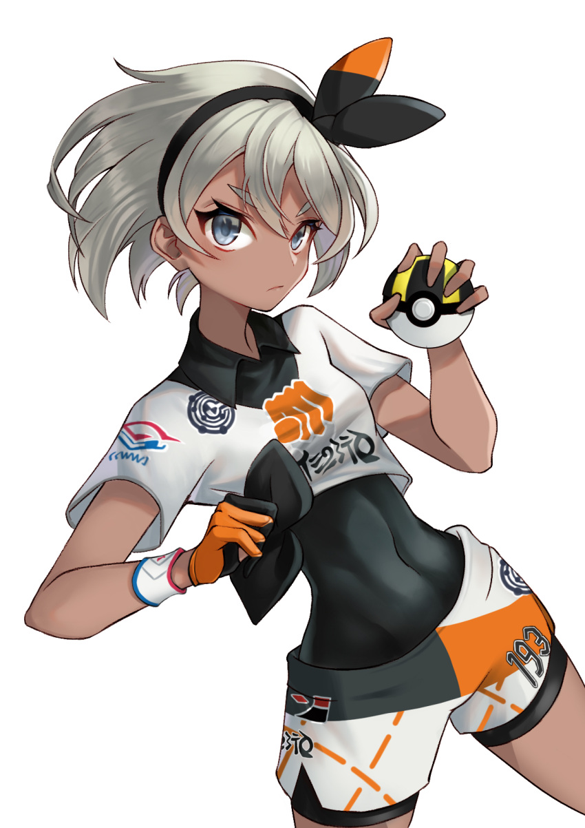 1girl bangs bea_(pokemon) black_bodysuit black_hairband bodysuit bodysuit_under_clothes bow_hairband closed_mouth collared_shirt commentary dynamax_band eyelashes gloves grey_eyes grey_hair gym_leader hair_between_eyes hairband haka_(djawnsgtlr) highres holding holding_poke_ball number poke_ball pokemon pokemon_(game) pokemon_swsh print_shirt print_shorts shirt short_hair short_sleeves shorts side_slit side_slit_shorts single_glove solo tied_shirt ultra_ball