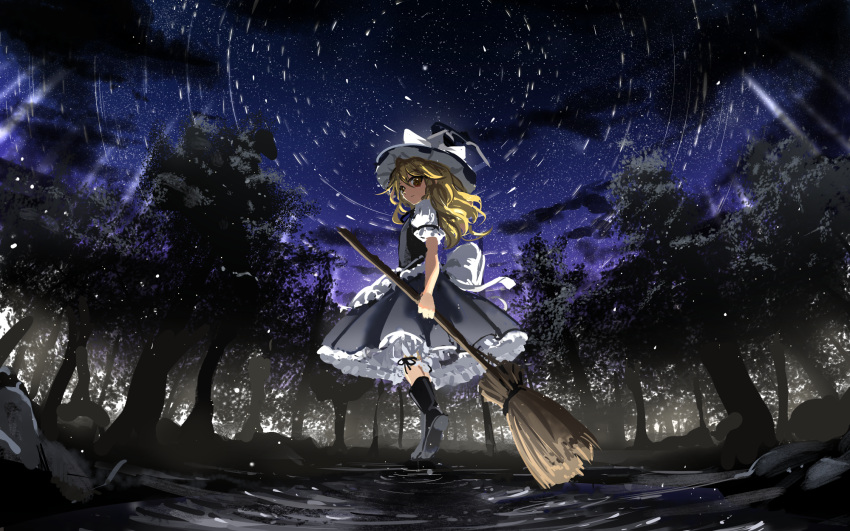 1girl apron back_bow black_dress black_footwear black_headwear blonde_hair boots bow broom brown_eyes closed_mouth dress forest full_body hat hat_bow highres holding holding_broom kirisame_marisa light_frown long_hair looking_at_viewer nature night night_sky outdoors puffy_short_sleeves puffy_sleeves shirt short_sleeves sky solo star_(sky) starry_sky suna_(s73d) touhou waist_apron white_apron white_bow white_shirt witch_hat