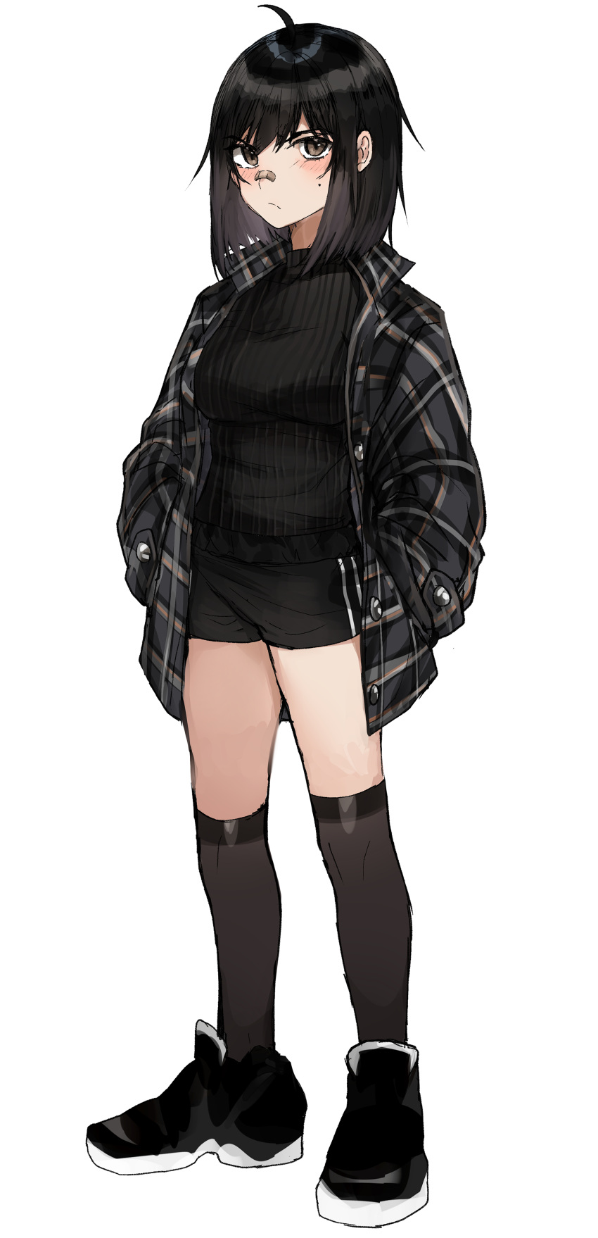 1girl absurdres ahoge bangs black_footwear black_hair black_legwear black_shorts black_sweater blush boots breasts brown_eyes closed_mouth commentary full_body hands_in_pockets highres jacket kanniiepan kneehighs long_sleeves looking_at_viewer medium_hair mole mole_under_eye open_clothes open_jacket original shoes short_shorts shorts simple_background solo standing sweater white_background