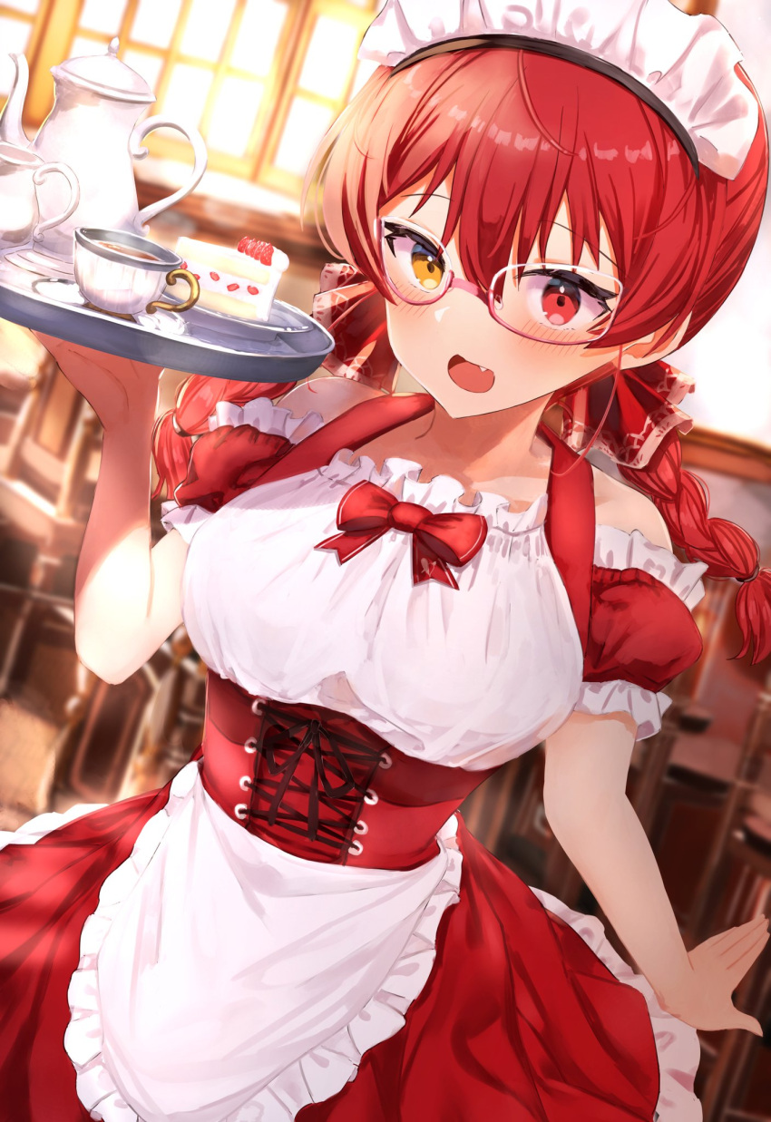 1girl adapted_costume alternate_costume apron bespectacled blush braid breasts cake corset cup day dirndl dutch_angle enmaided fang food fruit german_clothes glasses hand_up heterochromia highres hololive houshou_marine indoors large_breasts looking_at_viewer maid maid_headdress nu_(naoyahirota61217010) open_mouth red-framed_eyewear red_eyes saucer semi-rimless_eyewear solo strawberry tea_set teacup teapot tray twin_braids twintails under-rim_eyewear virtual_youtuber waitress window yellow_eyes